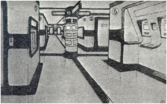 Un disegno di preproduzione di Keith, che immaginava i corridoi di Alpha. Notare il commpost a sezione circolare.